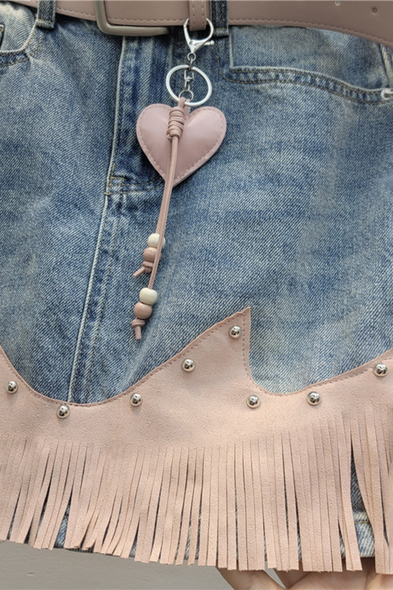 Fringe Hem Denim Skirt with Heart Charm