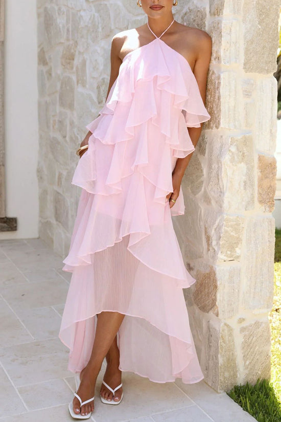 Tiered Asymmetric Halter Casual Dress