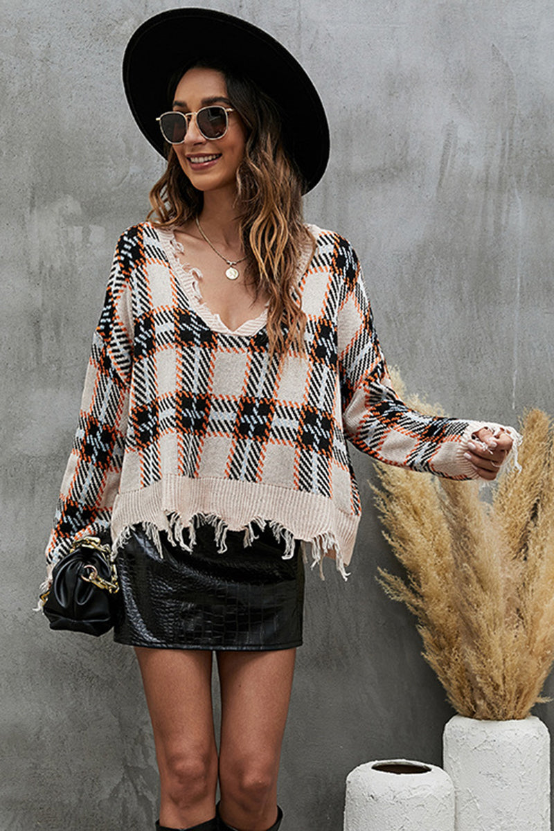 Casual Plaid Frayed Hem Sweater