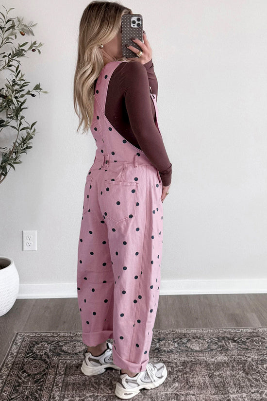 Polka Dot Denim Barrel Overalls Jumpsuit
