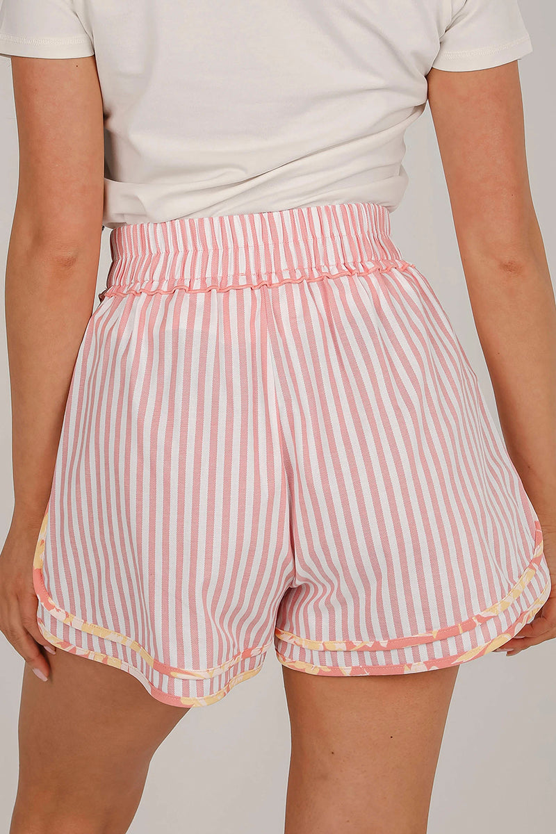 Floral Trim Ribbon Knot Striped Casual Shorts