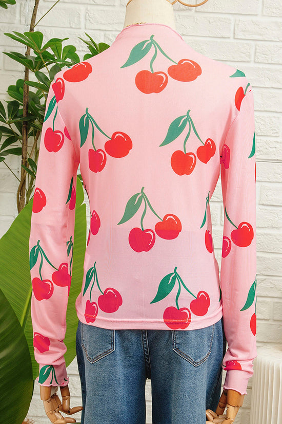 Cherry Print Long Sleeve Mesh Top