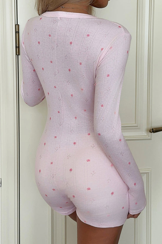 Buttoned V-Neck Long Sleeve Romper