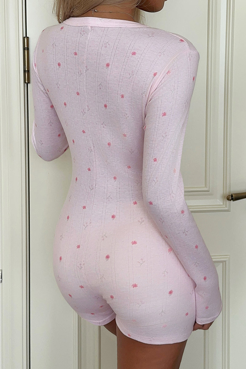 Buttoned V-Neck Long Sleeve Romper