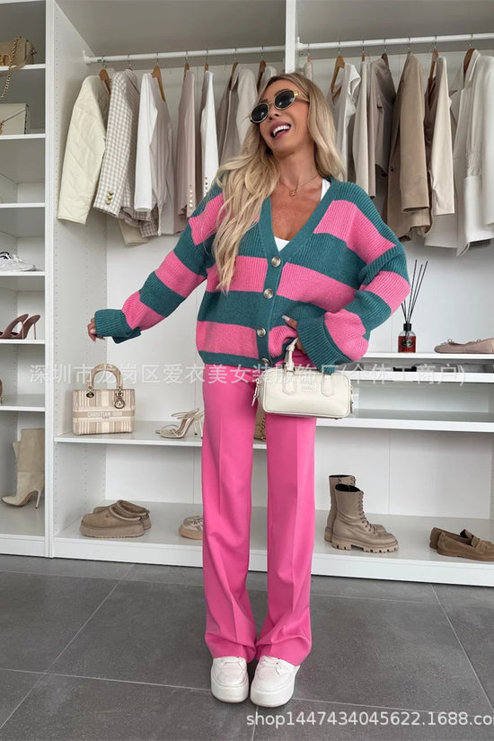 Striped Oversized V-Neck Cardigan