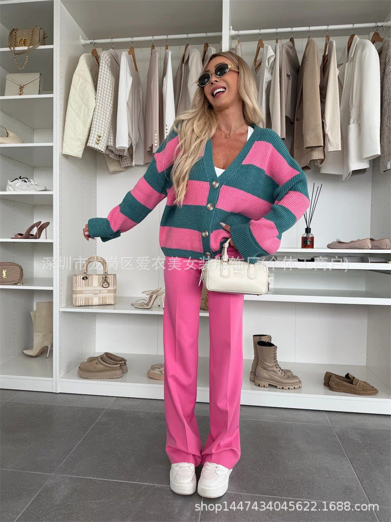 Striped Oversized V-Neck Cardigan