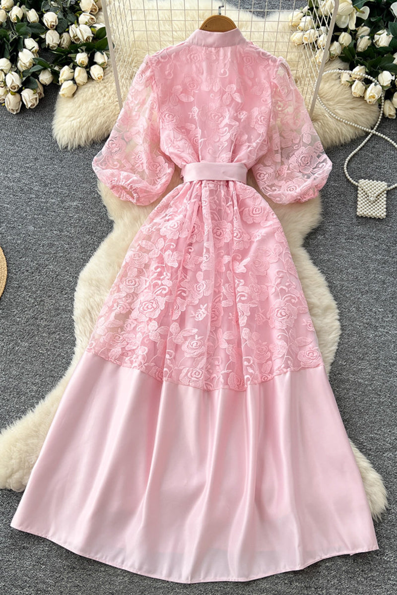 Elegant Lace Belted Midi Dress