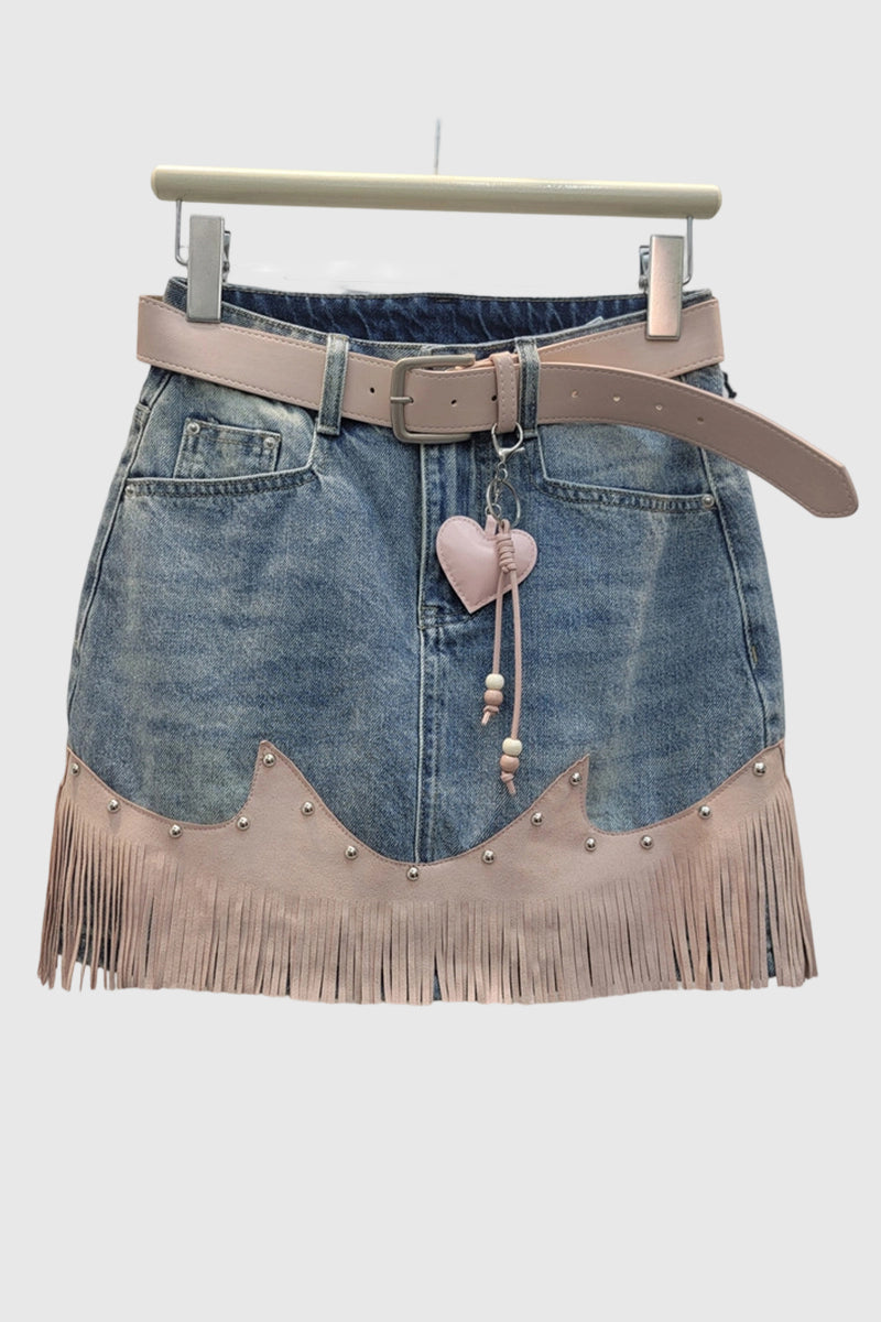 Fringe Hem Denim Skirt with Heart Charm