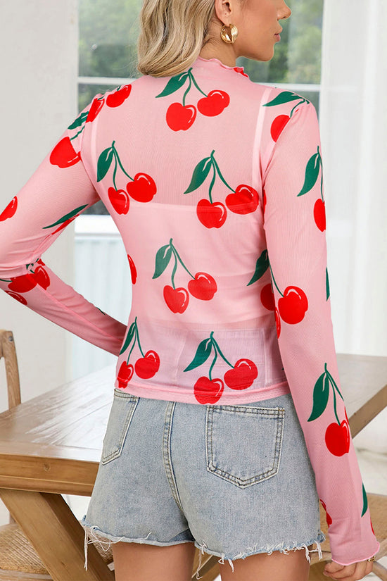 Cherry Print Long Sleeve Mesh Top