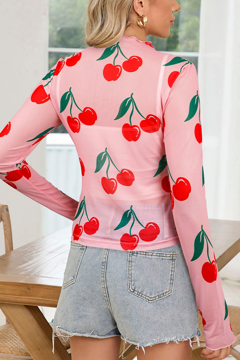 Cherry Print Long Sleeve Mesh Top