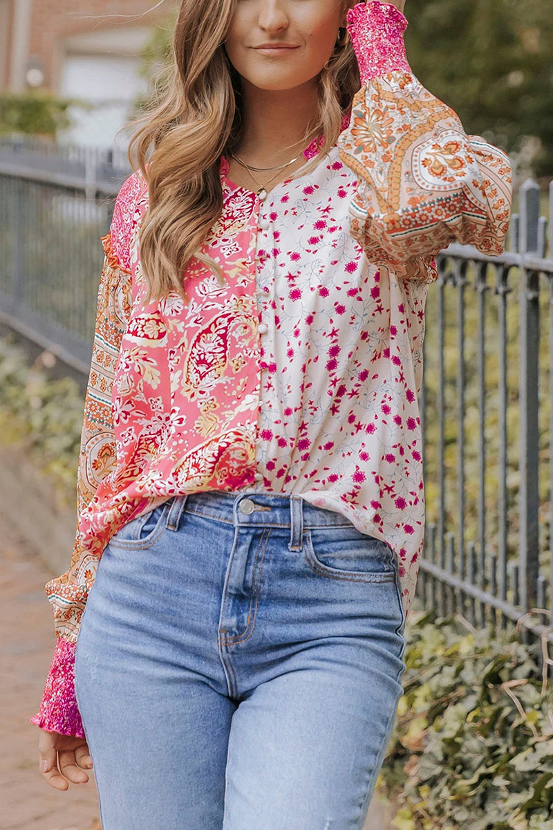 Mixed Floral Puff Sleeve V-Neck Shirt