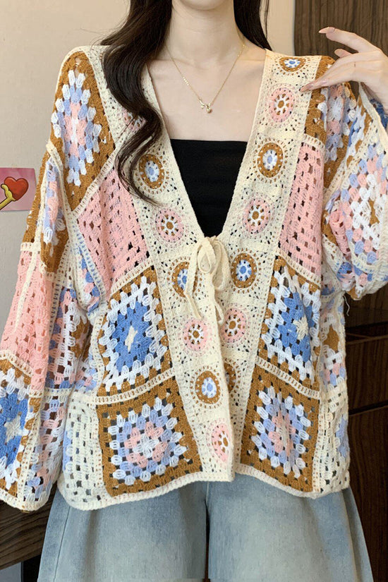 Crochet Hollow Tie Front Knit Cardigan