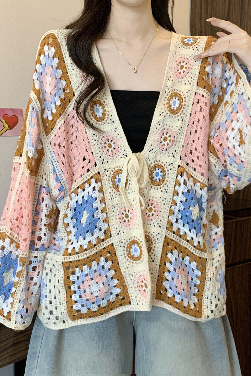 Crochet Hollow Tie Front Knit Cardigan