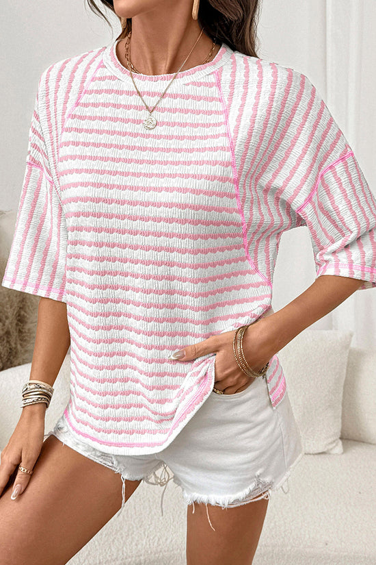 Textured Stripe Split Hem Loose Top