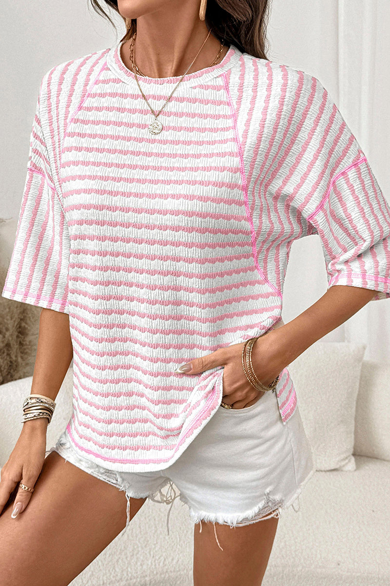 Textured Stripe Split Hem Loose Top