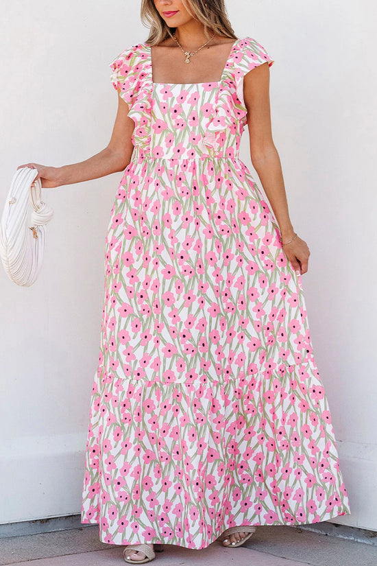 Floral Square Neck Ruffled Strap Dress