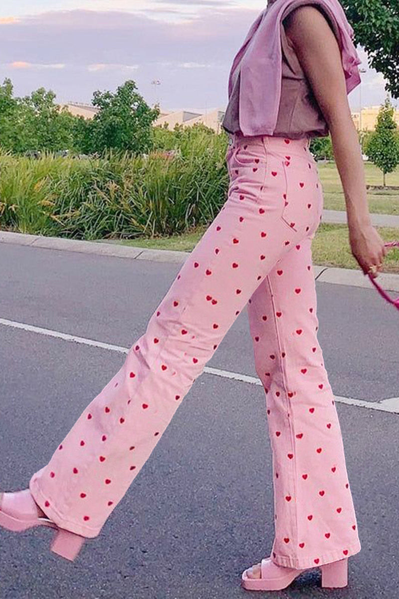 Heart Pattern Straight Jeans