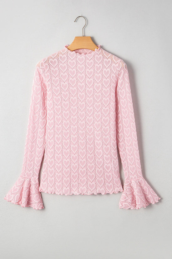 Heart Jacquard Flare Sleeve Mock Neck Top