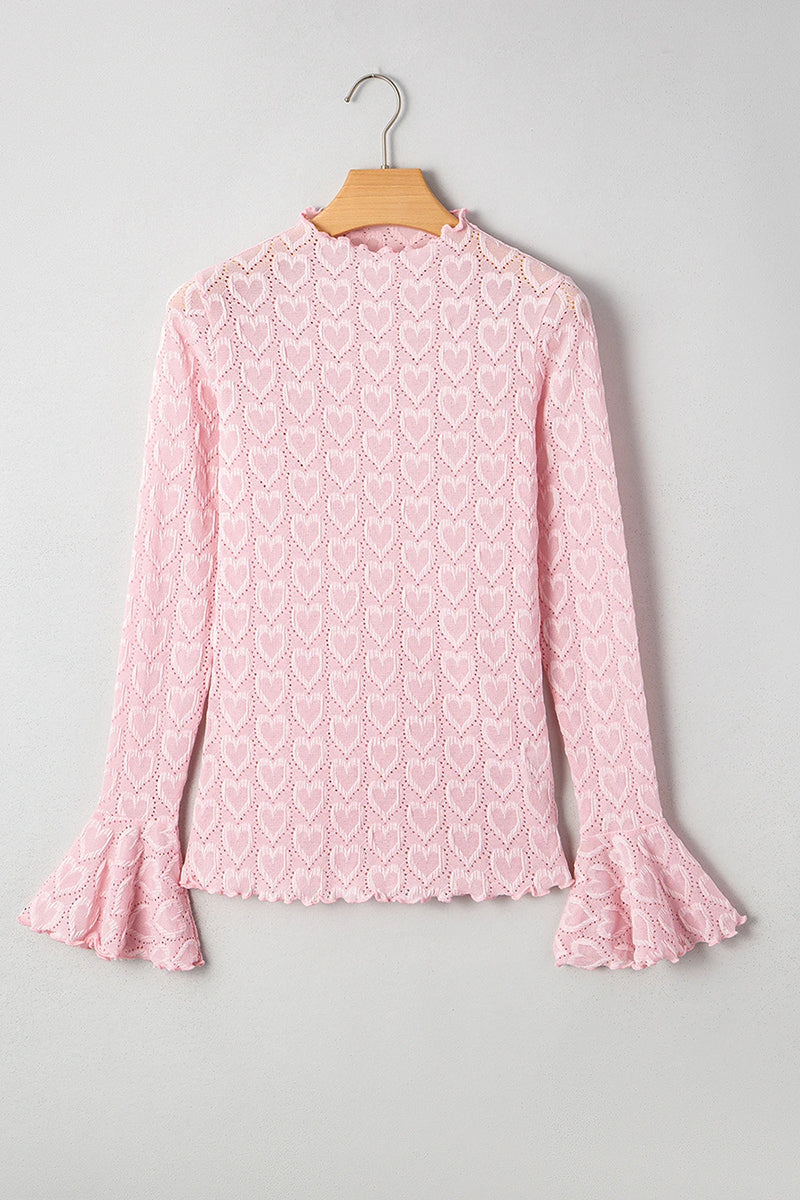 Heart Jacquard Flare Sleeve Mock Neck Top