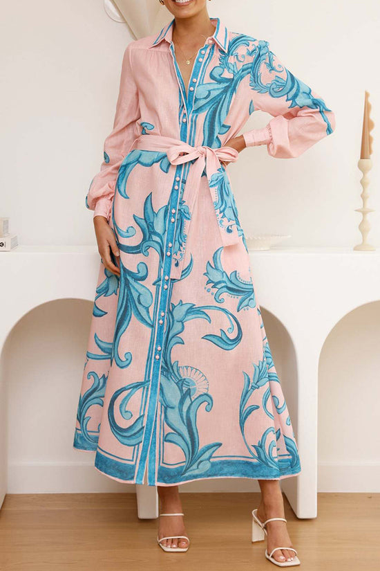 Floral Belted Long Sleeve Casual Dress