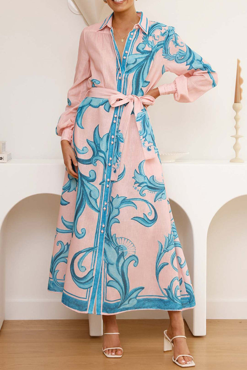 Floral Belted Long Sleeve Casual Dress