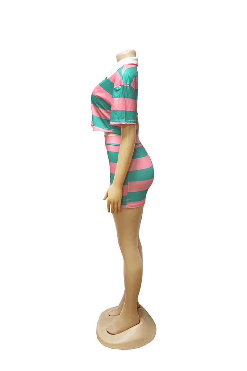 Striped Polo Crop Top and Skirt Set