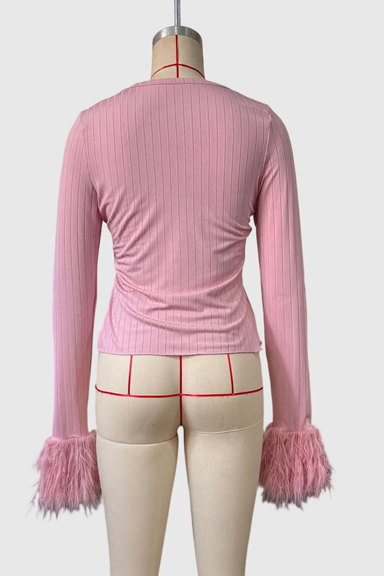 Chic Feathered Cuff Open-Front Cardigan