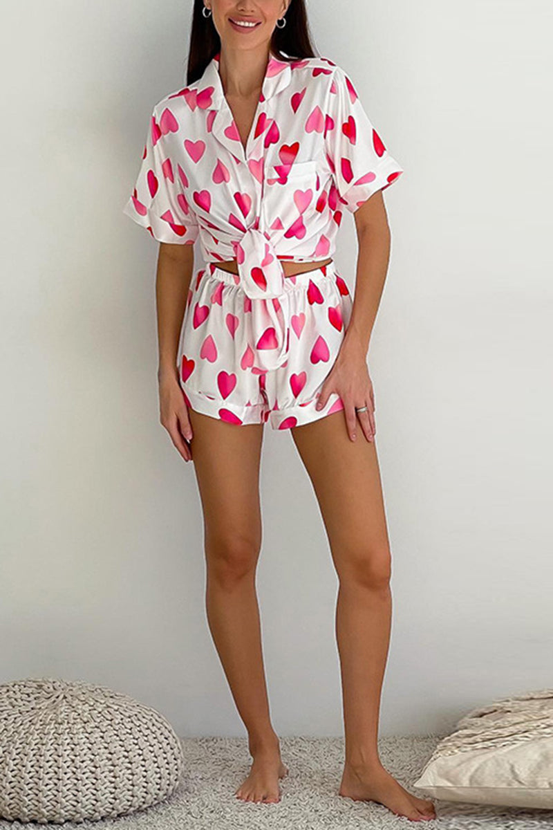 Heart Print Tie-Front Loungewear Set