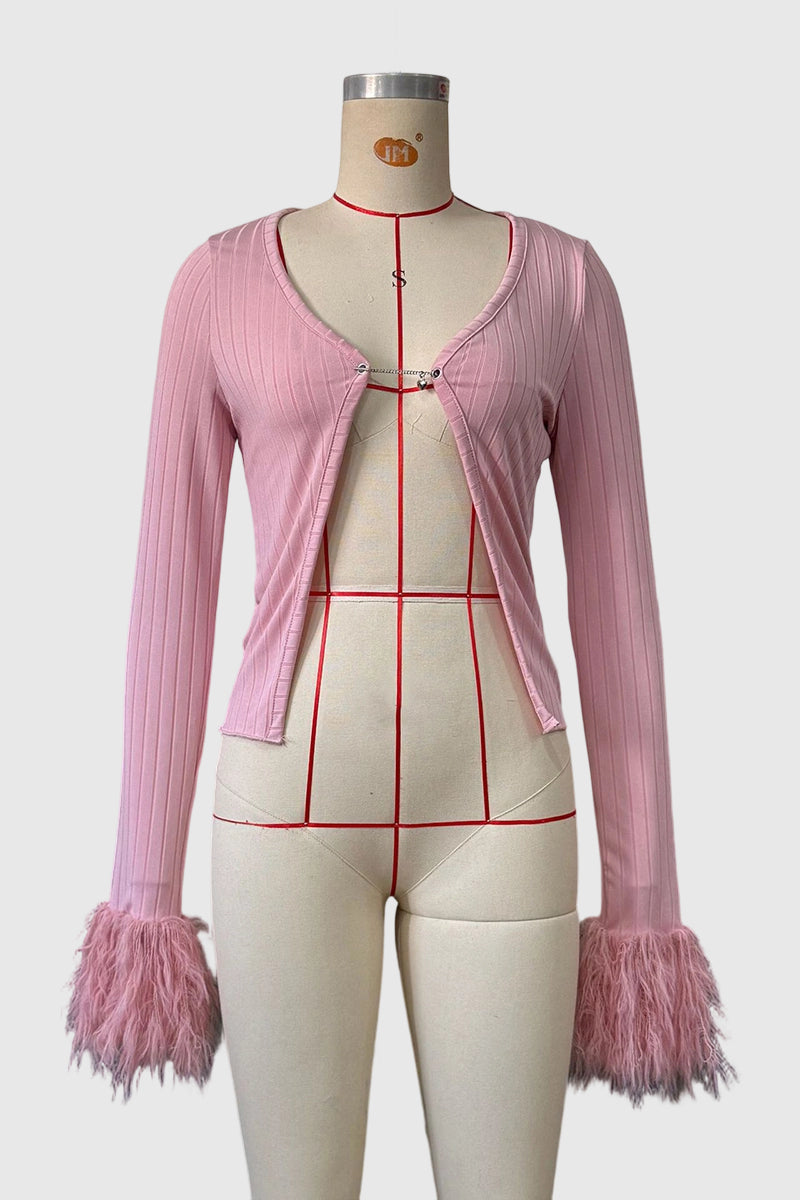 Chic Feathered Cuff Open-Front Cardigan