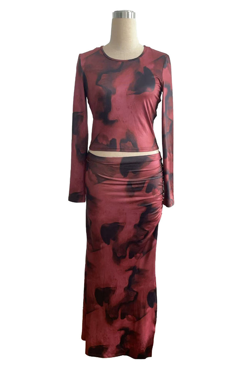Tie-Dye Long Sleeve Crop Top and Skirt Set