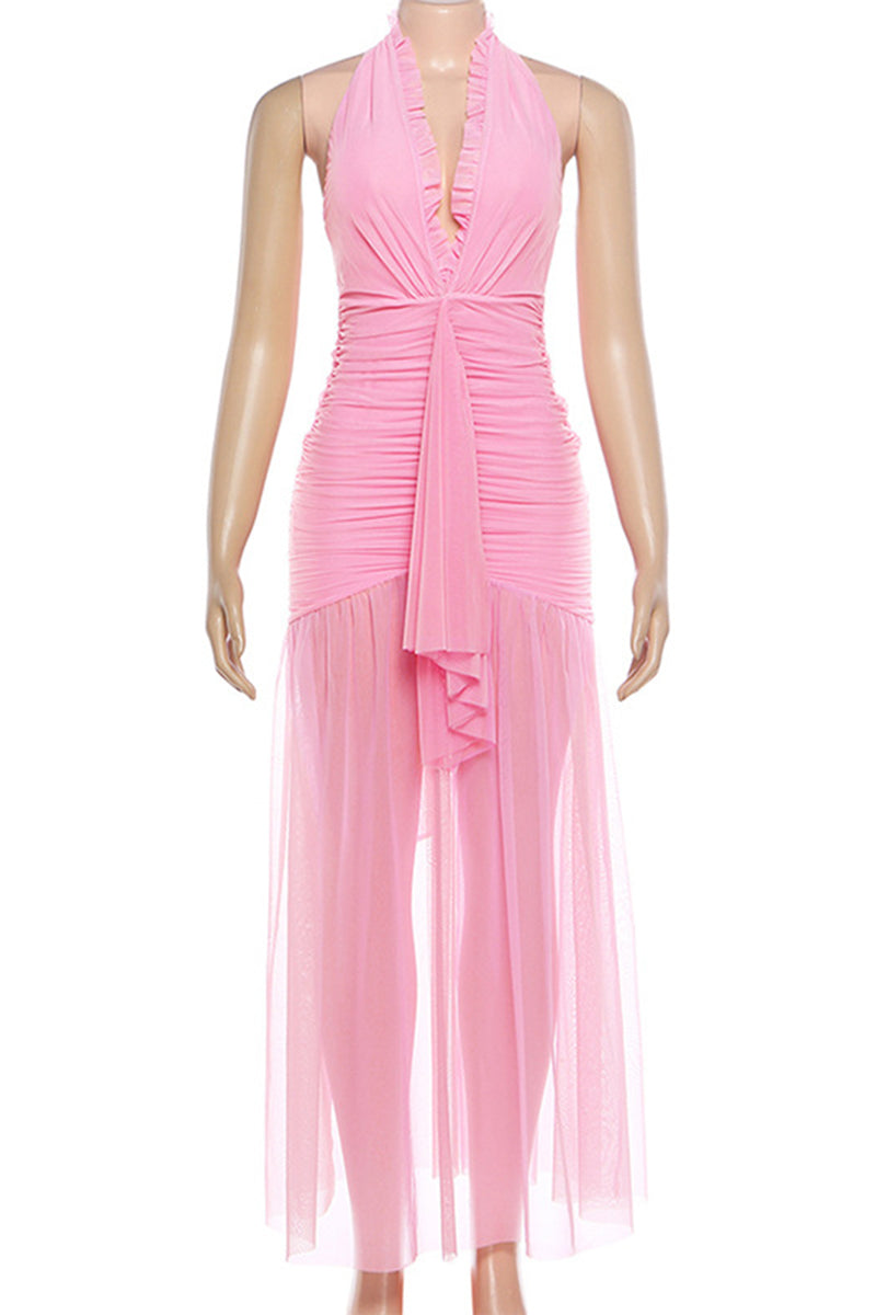 Ruched Halter Mesh Midi Dress