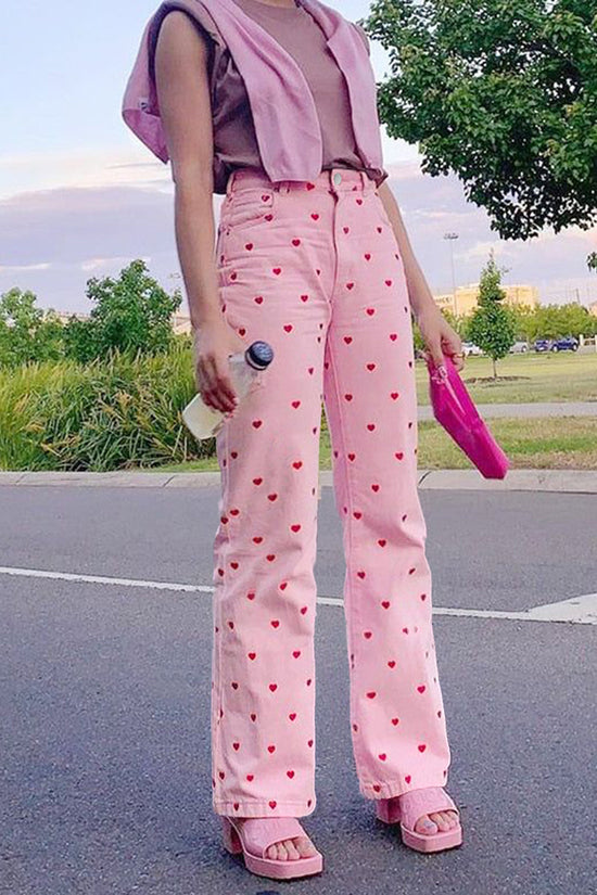 Heart Pattern Straight Jeans