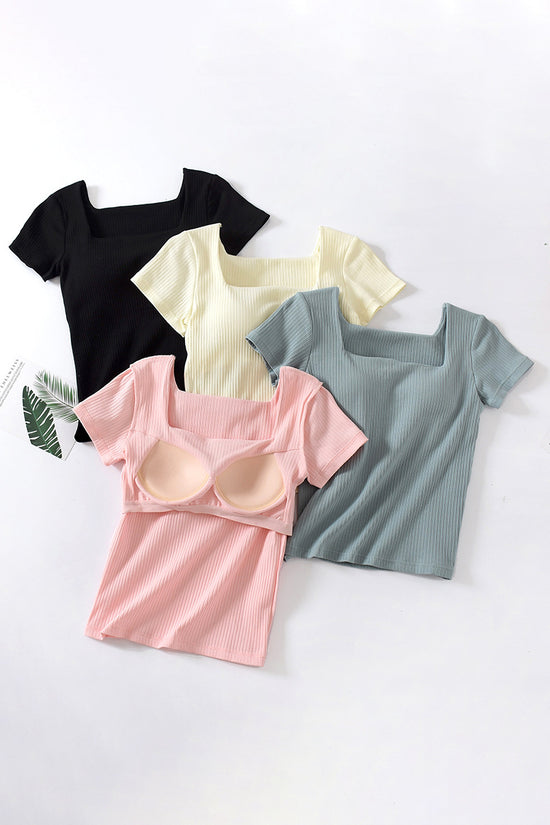 Square Neck Ribbed Short Sleeve Top