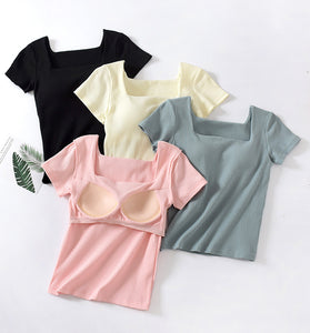 Square Neck Ribbed Short Sleeve Top