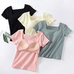 Square Neck Ribbed Short Sleeve Top