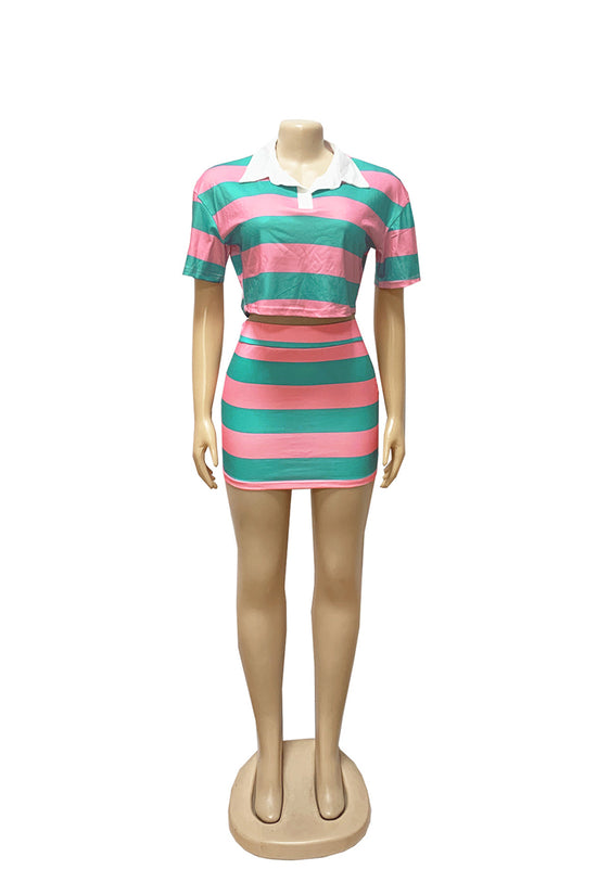 Striped Polo Crop Top and Skirt Set