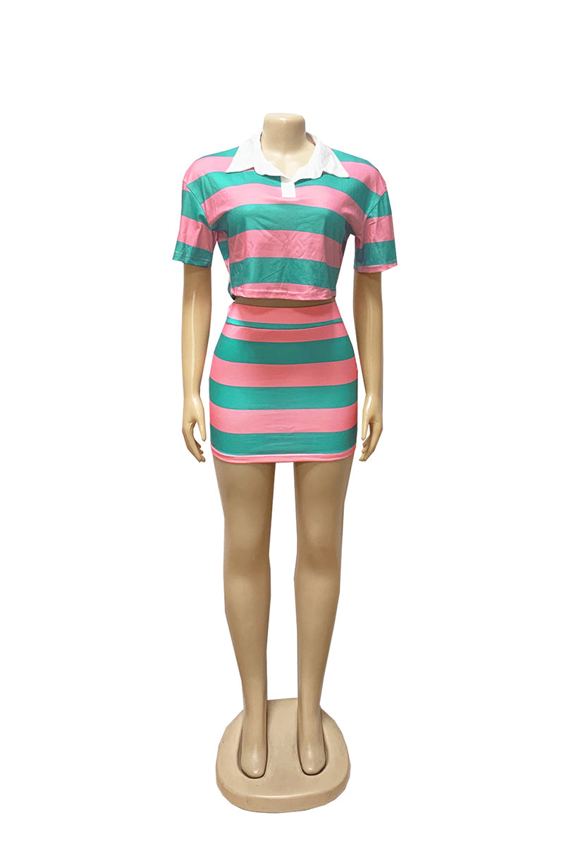 Striped Polo Crop Top and Skirt Set