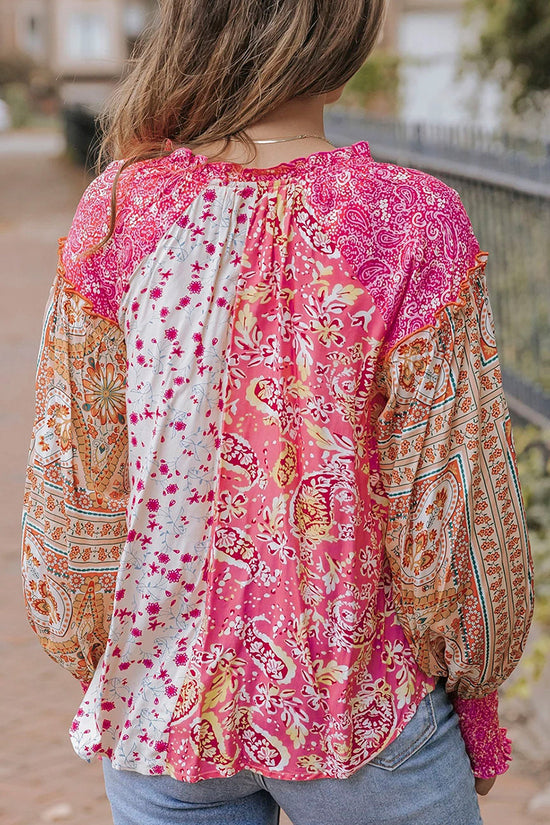 Mixed Floral Puff Sleeve V-Neck Shirt