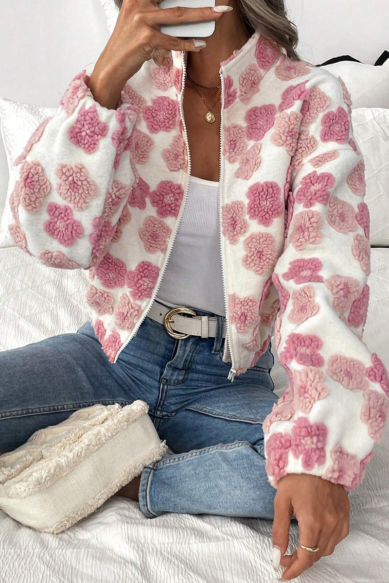 Chic Floral Pattern Zip-Up Jacket