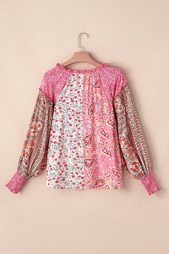 Mixed Floral Puff Sleeve V-Neck Shirt