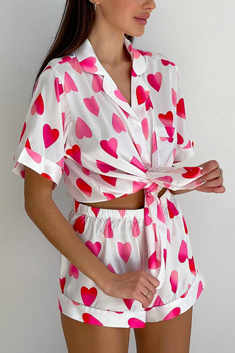 Heart Print Tie-Front Loungewear Set