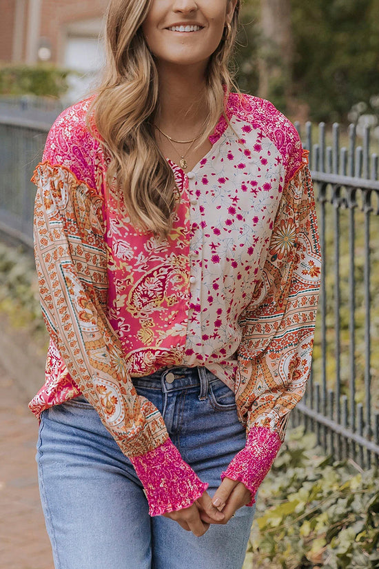 Mixed Floral Puff Sleeve V-Neck Shirt