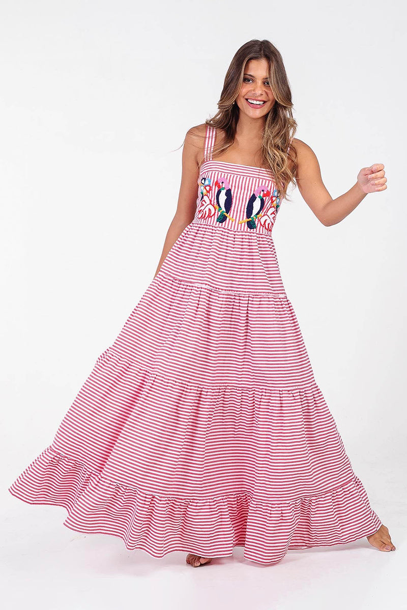 Striped Parrot Print Maxi Dress