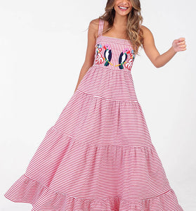 Striped Parrot Print Maxi Dress