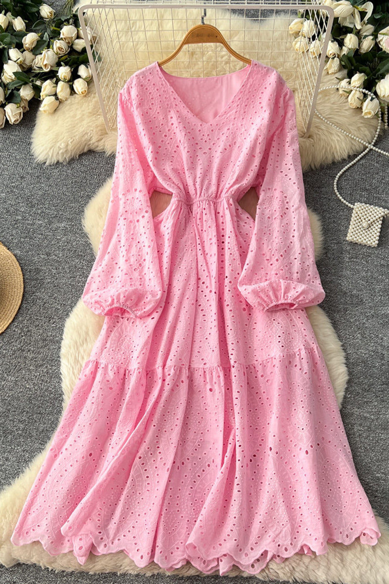 Elegant V-Neck Eyelet Casual Dress