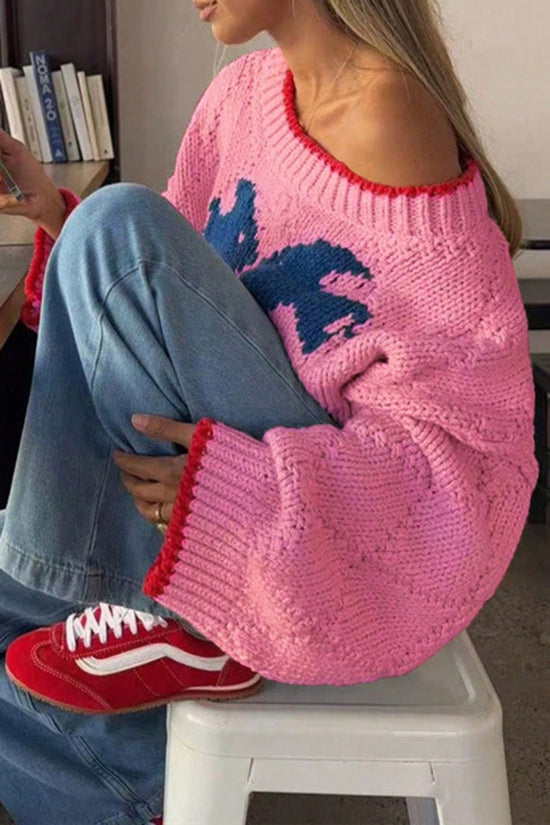 Oversized Knit Sweater with Red Trim