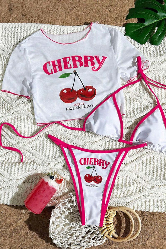 Cherry Print Bikini Set with Cover-Up