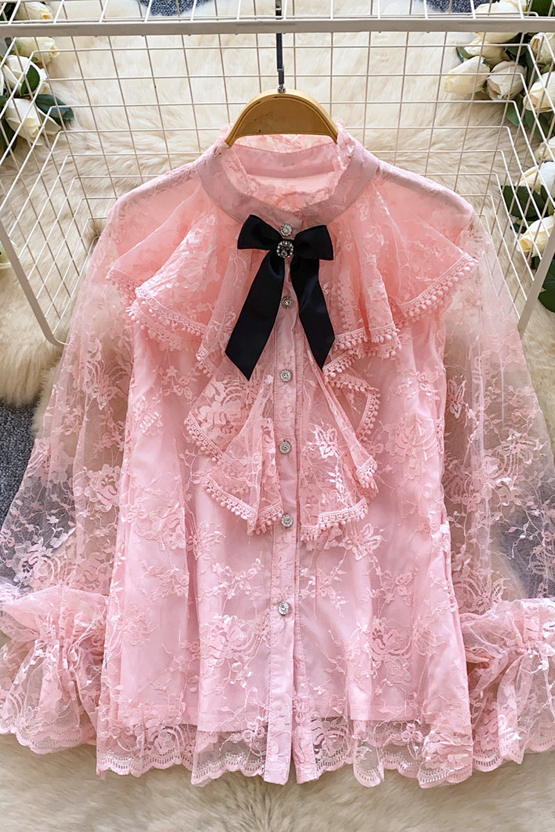Elegant Lace Blouse with Bow Detail