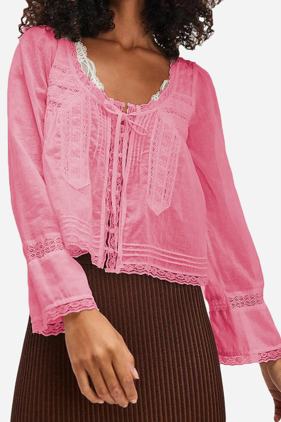 Flowy Lace Trimmed Long Sleeve Blouse