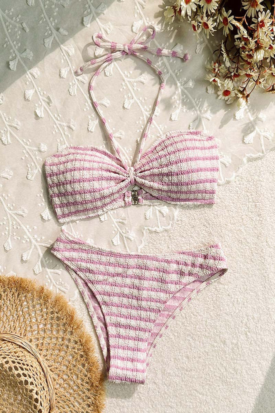 Striped Halter Bikini Set with Bow Detail